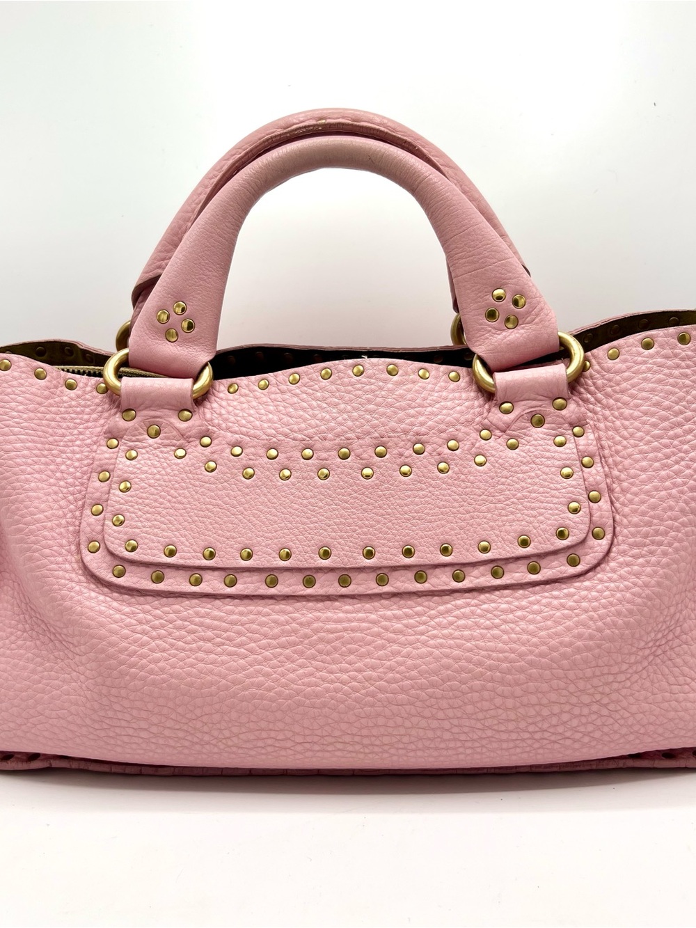 Authentic CELINE Pink Leather Boogie Tote Satchel Bag Grommet/studs Embellished